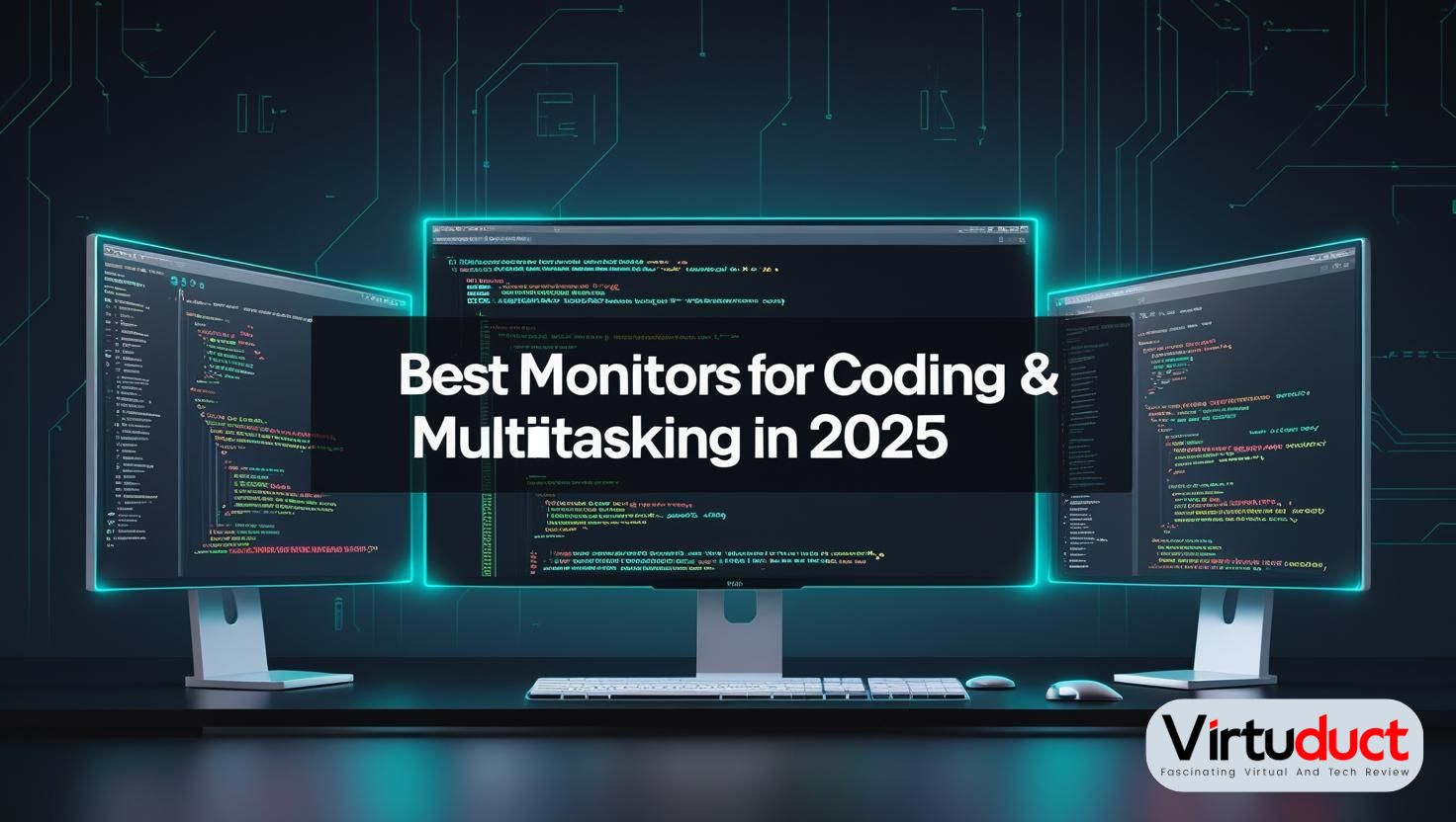 Ultrawide and vertical monitors displaying code, terminal, and browser windows with title: Best Monitors for Coding & Multitasking in 2025 | Virtuduct.com